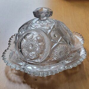 ANTIQUE EAPG GLASS COVERED DOMED BUTTER / CHEESE DISH Floral Motif ~ Nice !